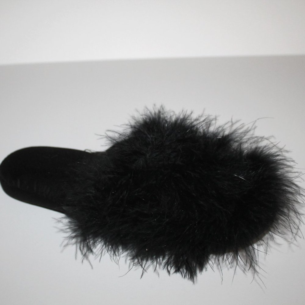 INC Black Wedge Faux-Marabou Slippers, S, M